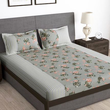 Arena Grey & Pink Floral Printed 180 TC Queen Bedsheet & 2 Pillow Covers - MALL