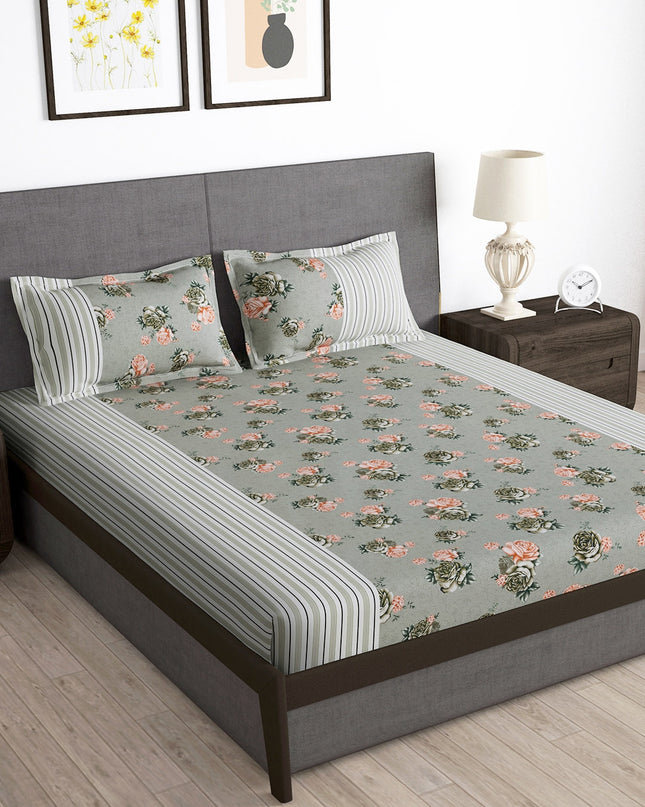 Arena Grey & Pink Floral Printed 180 TC Queen Bedsheet & 2 Pillow Covers - MALL