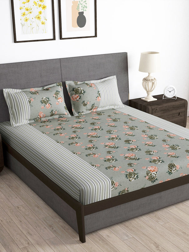 Arena Grey & Pink Floral Printed 180 TC Queen Bedsheet & 2 Pillow Covers - MALL