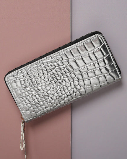 HAUTE SAUCE by Campus Sutra Women Silver-Toned Textured PU Zip Around Wallet - MALL