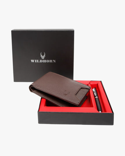 Textured Bi-Fold Leather Wallet & Pen Set - MALL