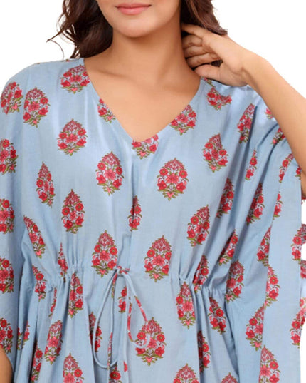 Floral Print V-Neck Kaftan with Waist Tie-Up - MALL