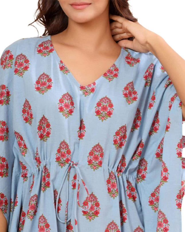 Floral Print V-Neck Kaftan with Waist Tie-Up - MALL