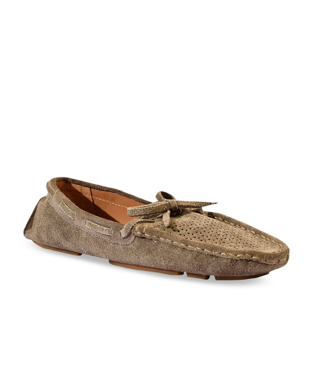 Eske Women Khaki Textured Leather Boat Shoes - MALL