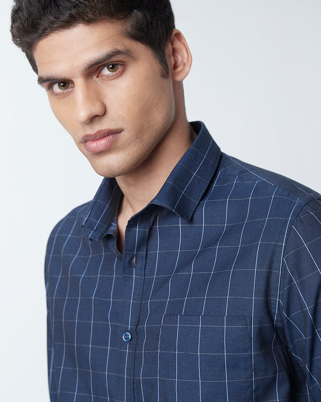 WES Formals Navy Checkered Slim-Fit Shirt - MALL