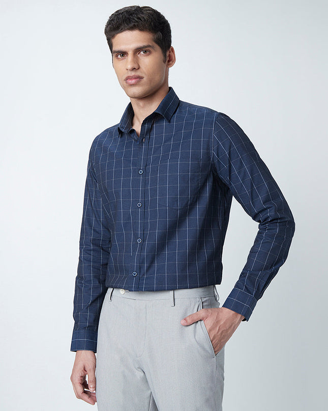 WES Formals Navy Checkered Slim-Fit Shirt - MALL