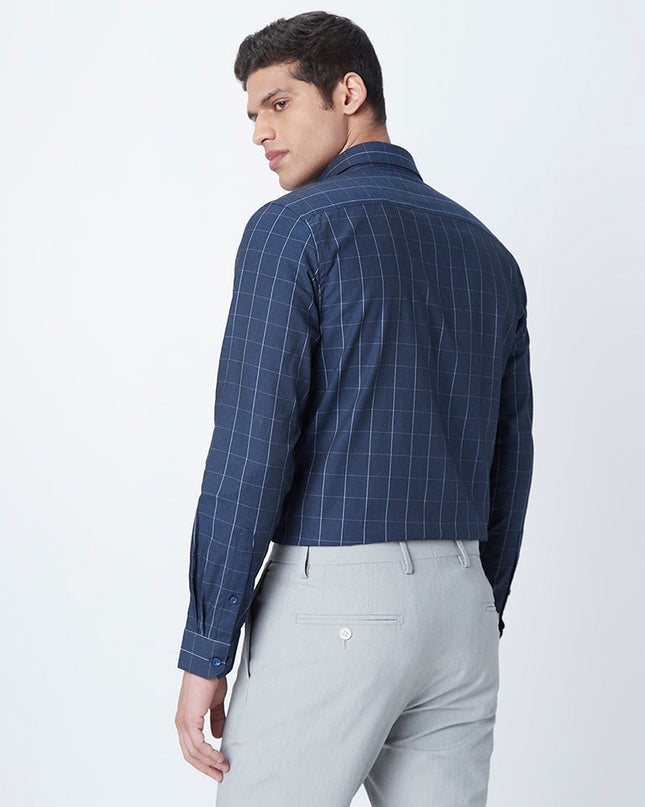 WES Formals Navy Checkered Slim-Fit Shirt - MALL