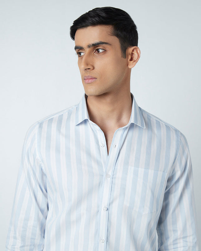 WES Formals Light Blue Striped Slim-Fit Shirt - MALL