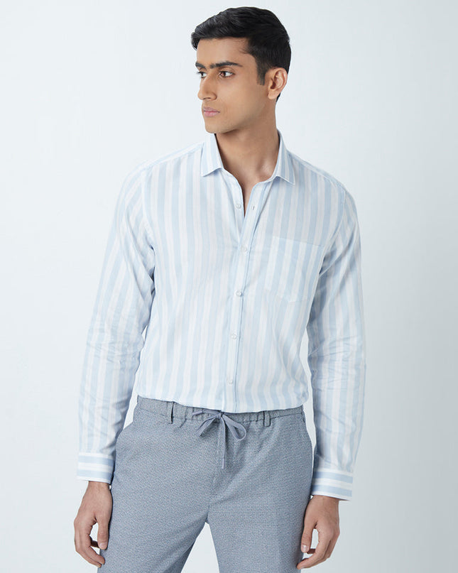 WES Formals Light Blue Striped Slim-Fit Shirt - MALL