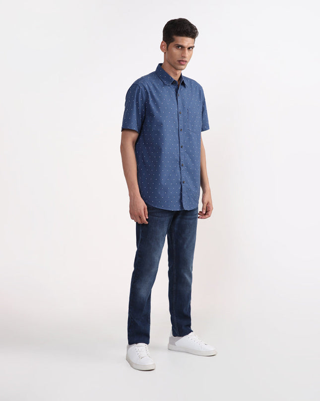 WES Casuals Dark Blue Printed Relaxed-Fit Shirt - MALL