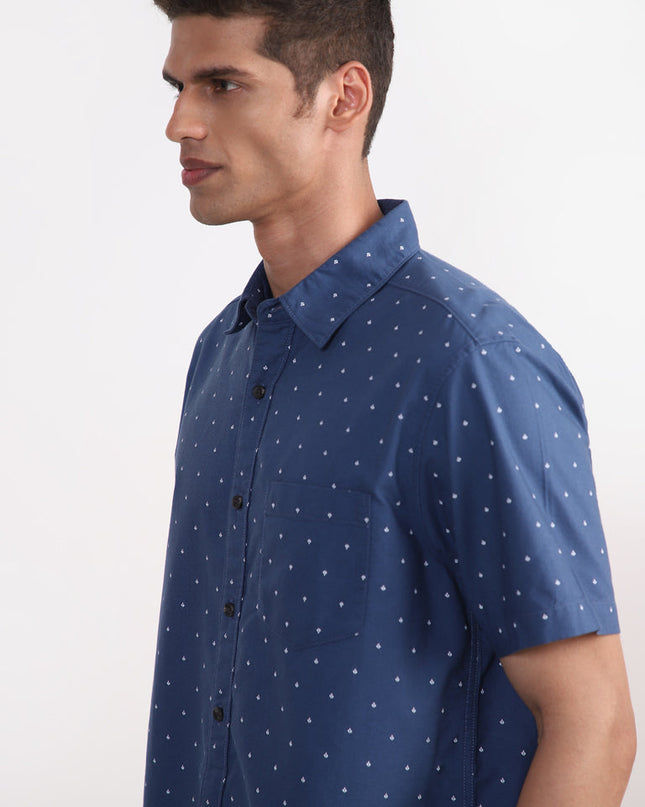 WES Casuals Dark Blue Printed Relaxed-Fit Shirt - MALL