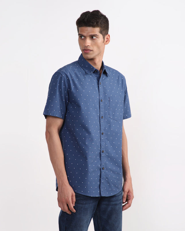 WES Casuals Dark Blue Printed Relaxed-Fit Shirt - MALL