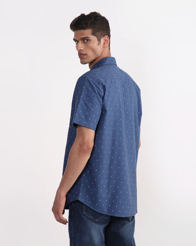 WES Casuals Dark Blue Printed Relaxed-Fit Shirt - MALL