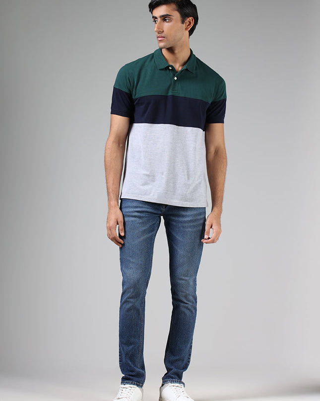 WES Casuals Emerald Green & Grey Colorblock Slim Fit Polo T-Shirt - MALL