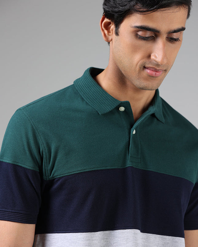 WES Casuals Emerald Green & Grey Colorblock Slim Fit Polo T-Shirt - MALL