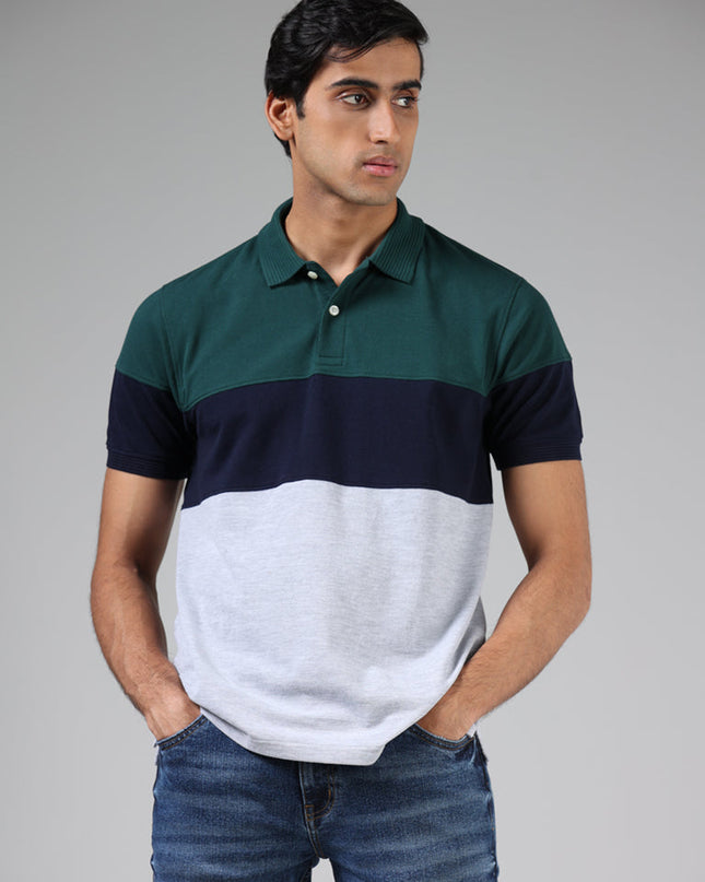 WES Casuals Emerald Green & Grey Colorblock Slim Fit Polo T-Shirt - MALL