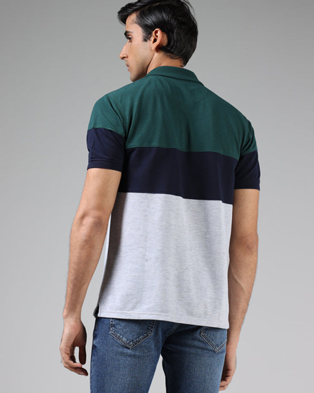 WES Casuals Emerald Green & Grey Colorblock Slim Fit Polo T-Shirt - MALL