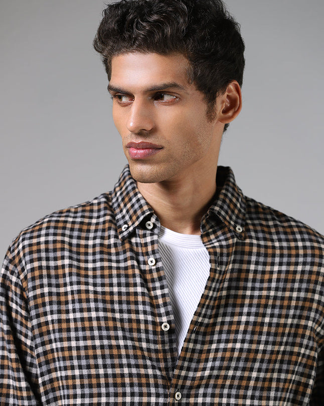 Ascot Black & Brown Checkered Relaxed Fit Shirt - MALL