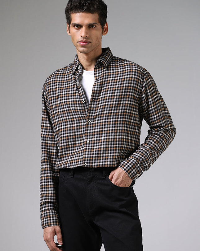 Ascot Black & Brown Checkered Relaxed Fit Shirt - MALL