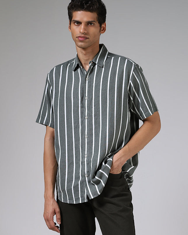 Ascot Sage Green and White Striped Relaxed Fit Shirt - MALL