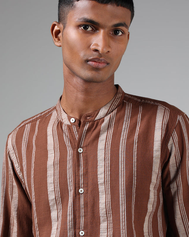 ETA Mocha Brown Striped Resort Fit Shirt - MALL