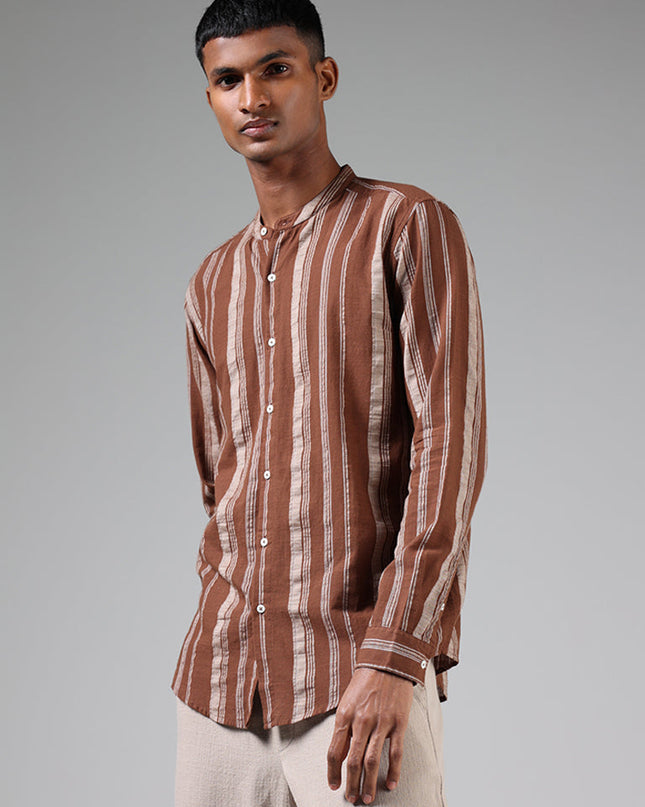 ETA Mocha Brown Striped Resort Fit Shirt - MALL