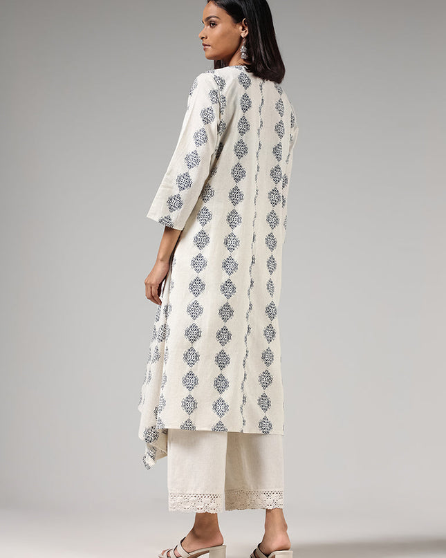 Utsa Off White Ikat Embroidered Kurta - MALL