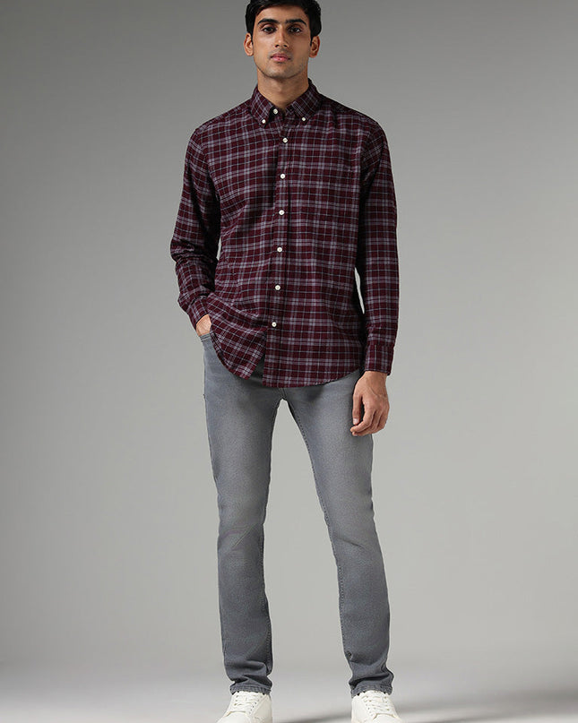 WES Casuals Wine Checked Relaxed Fit Shirt - MALL