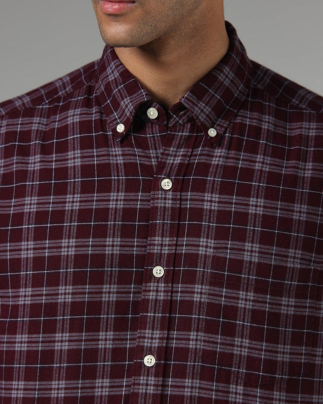 WES Casuals Wine Checked Relaxed Fit Shirt - MALL