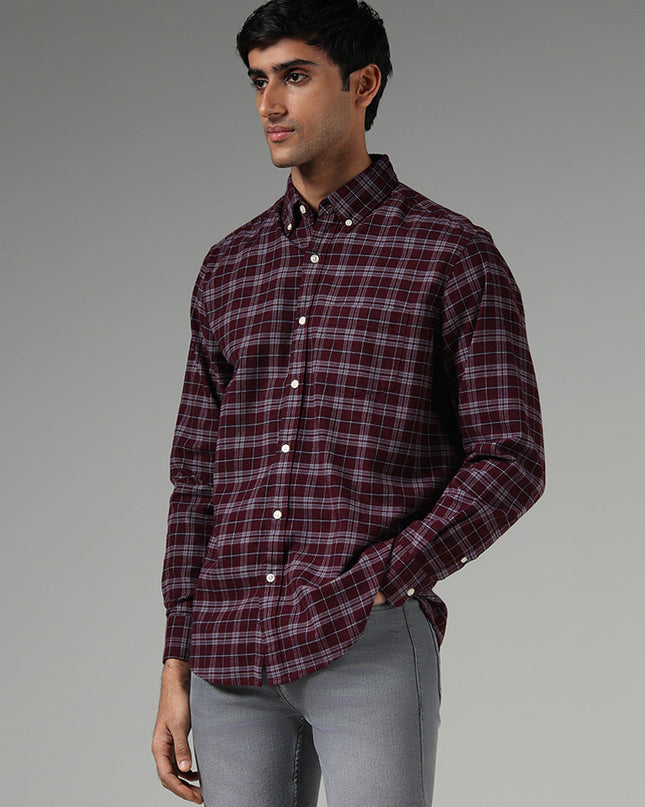 WES Casuals Wine Checked Relaxed Fit Shirt - MALL