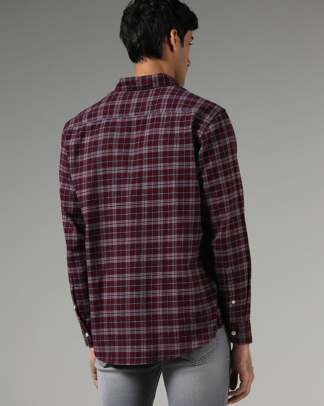 WES Casuals Wine Checked Relaxed Fit Shirt - MALL