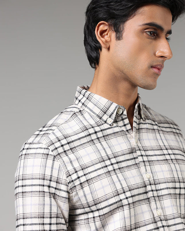 WES Casuals Off White Plaid Checked Slim Fit Shirt - MALL