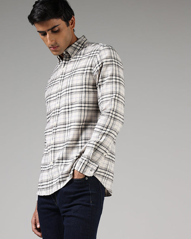 WES Casuals Off White Plaid Checked Slim Fit Shirt - MALL