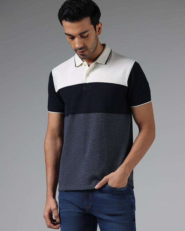 WES Casuals Navy Color Block Slim Fit Polo T-Shirt - MALL