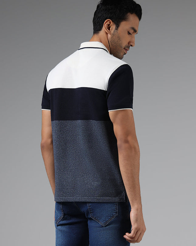 WES Casuals Navy Color Block Slim Fit Polo T-Shirt - MALL