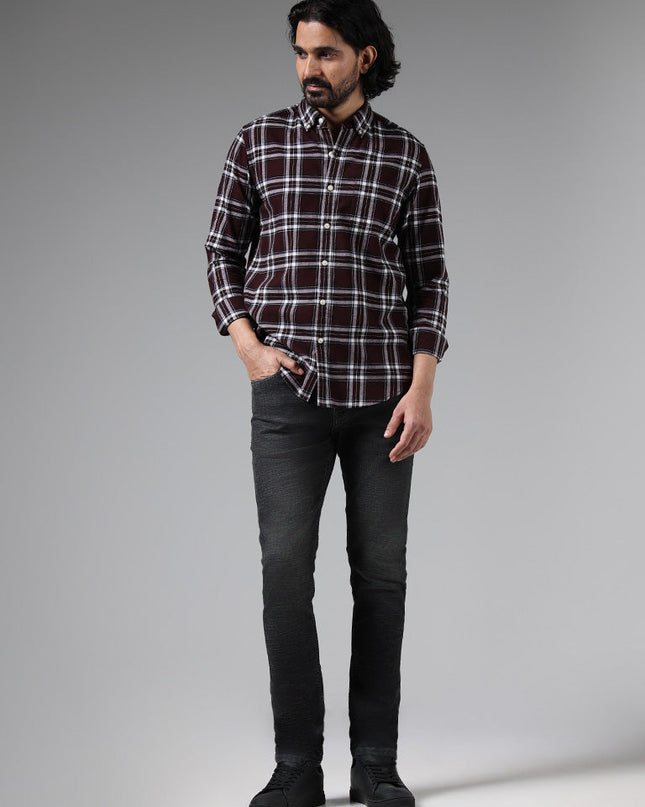 WES Casuals Wine Checked Slim Fit Shirt - MALL