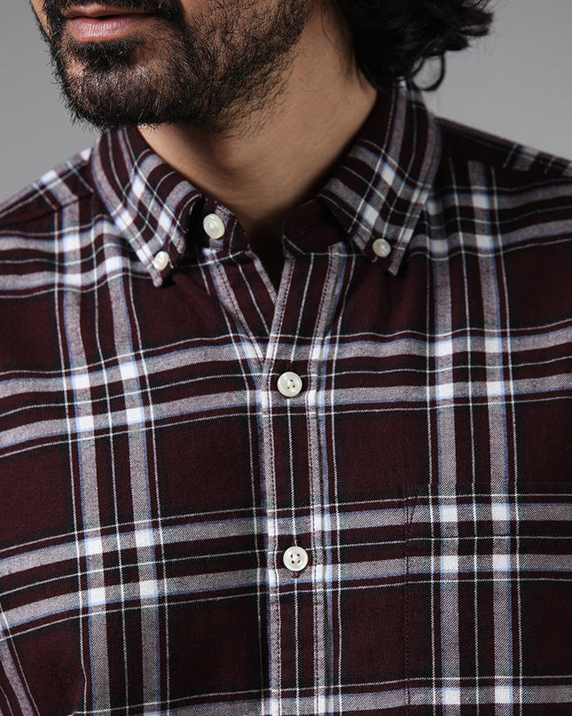 WES Casuals Wine Checked Slim Fit Shirt - MALL