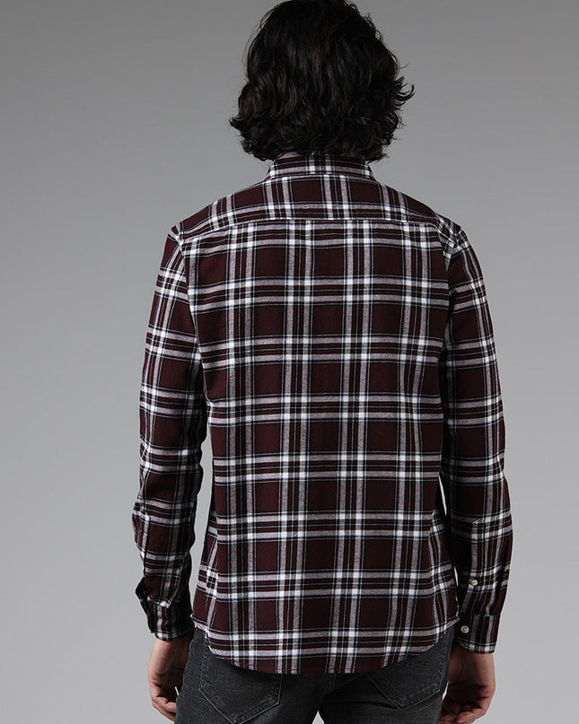 WES Casuals Wine Checked Slim Fit Shirt - MALL