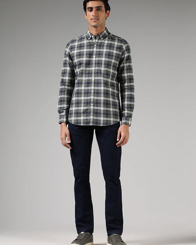 WES Casuals Olive Green Plaid Checked Slim Fit Shirt - MALL