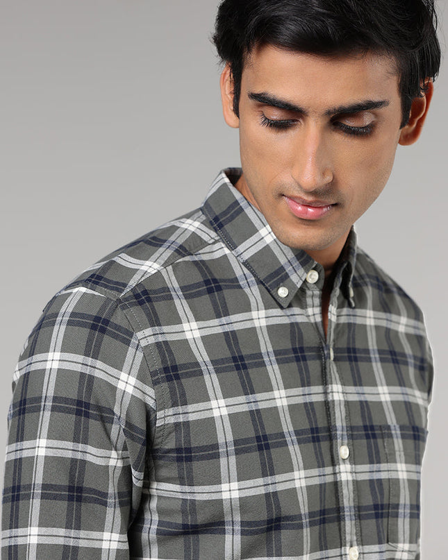 WES Casuals Olive Green Plaid Checked Slim Fit Shirt - MALL