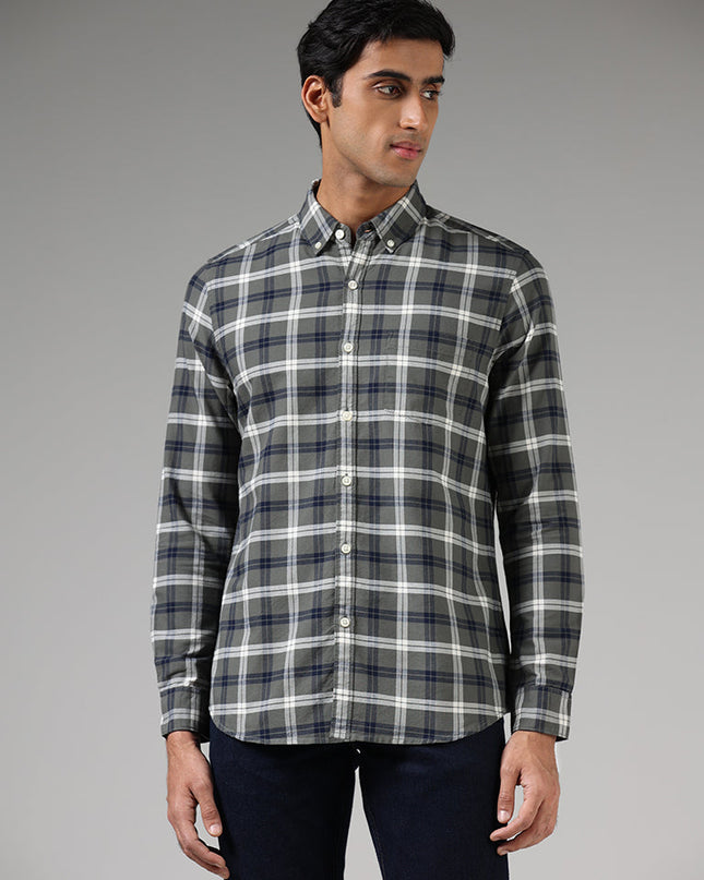 WES Casuals Olive Green Plaid Checked Slim Fit Shirt - MALL