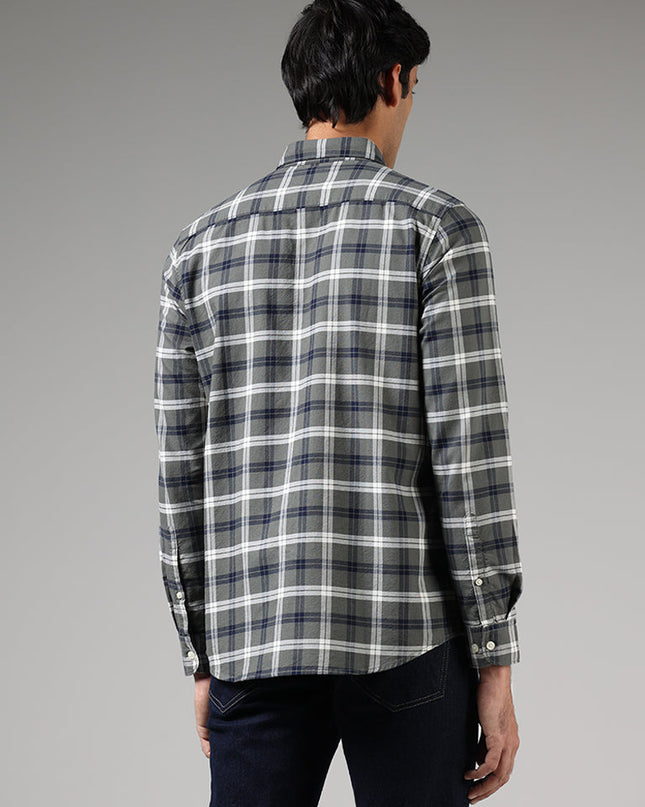 WES Casuals Olive Green Plaid Checked Slim Fit Shirt - MALL