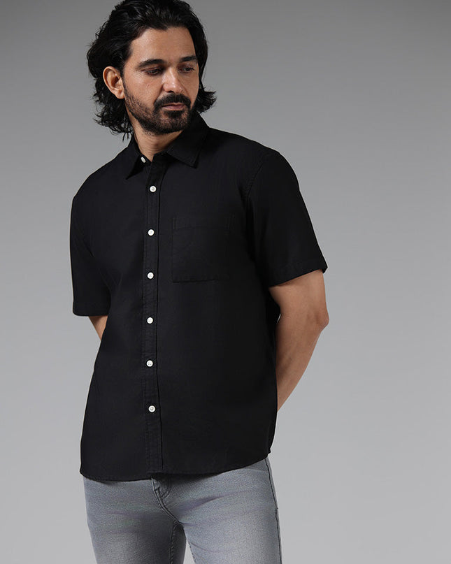 WES Casuals Solid Black Relaxed Fit Shirt - MALL