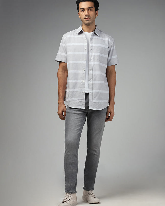 WES Casuals Light Grey Striped Relaxed Fit Shirt - MALL