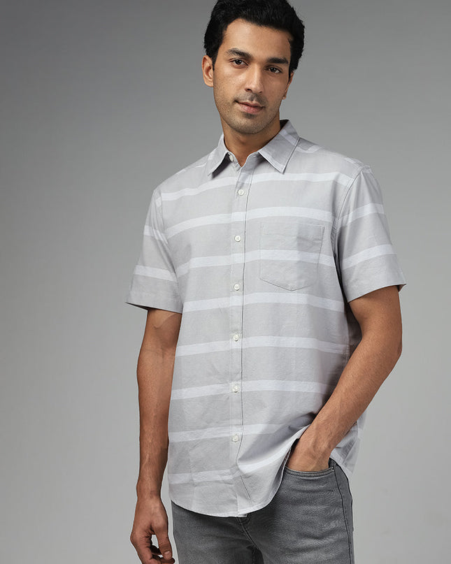 WES Casuals Light Grey Striped Relaxed Fit Shirt - MALL