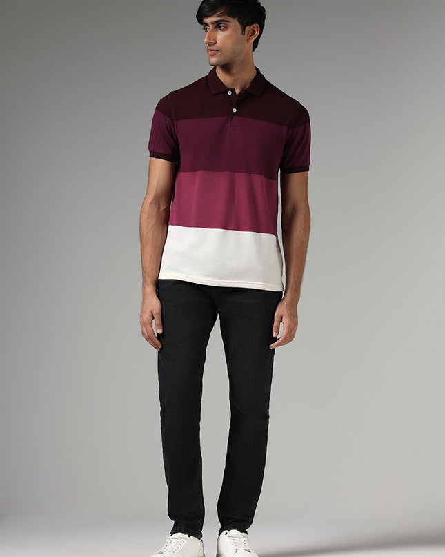 WES Casuals Wine Color Block Slim Fit Polo T-Shirt - MALL