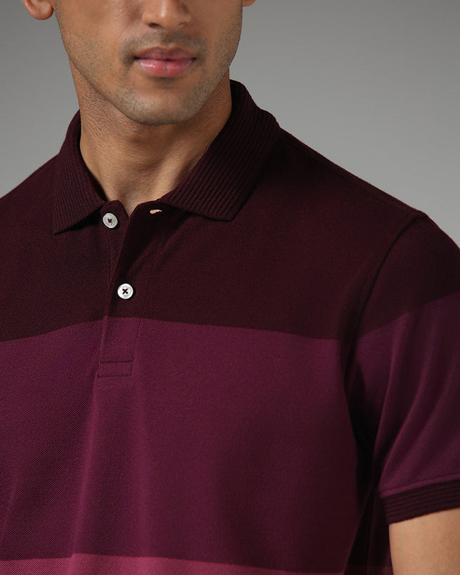 WES Casuals Wine Color Block Slim Fit Polo T-Shirt - MALL