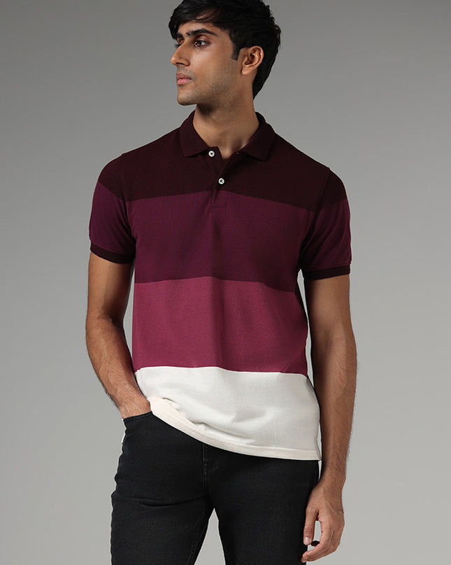 WES Casuals Wine Color Block Slim Fit Polo T-Shirt - MALL