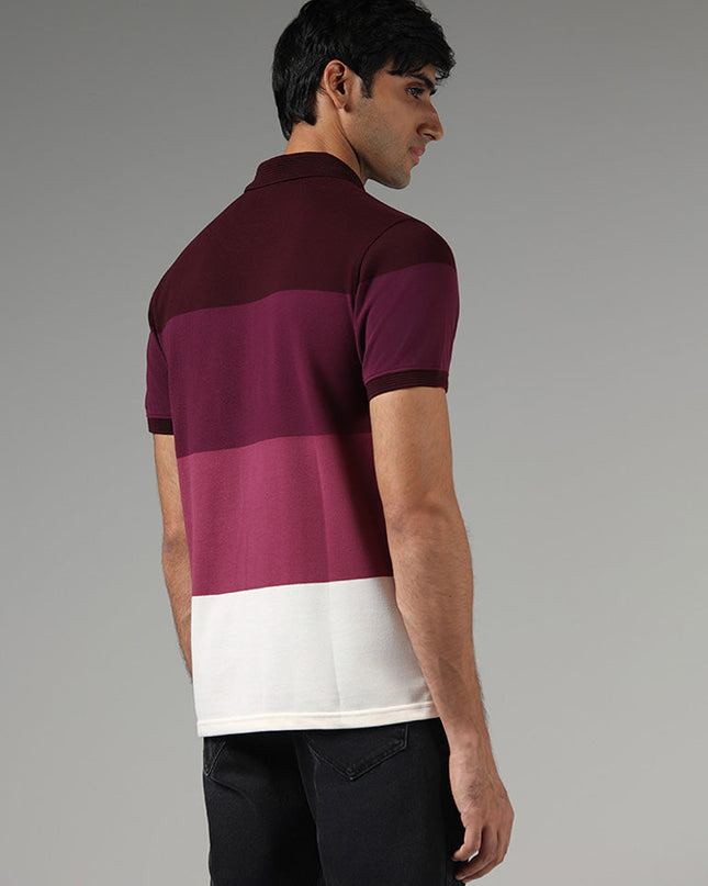 WES Casuals Wine Color Block Slim Fit Polo T-Shirt - MALL