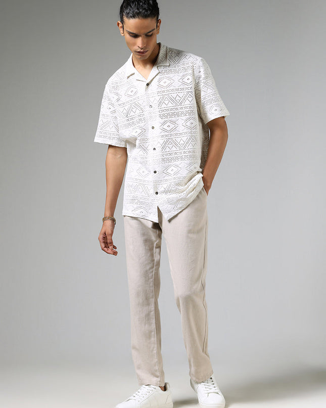 ETA Off White Mesh Pattern Relaxed Fit Shirt - MALL